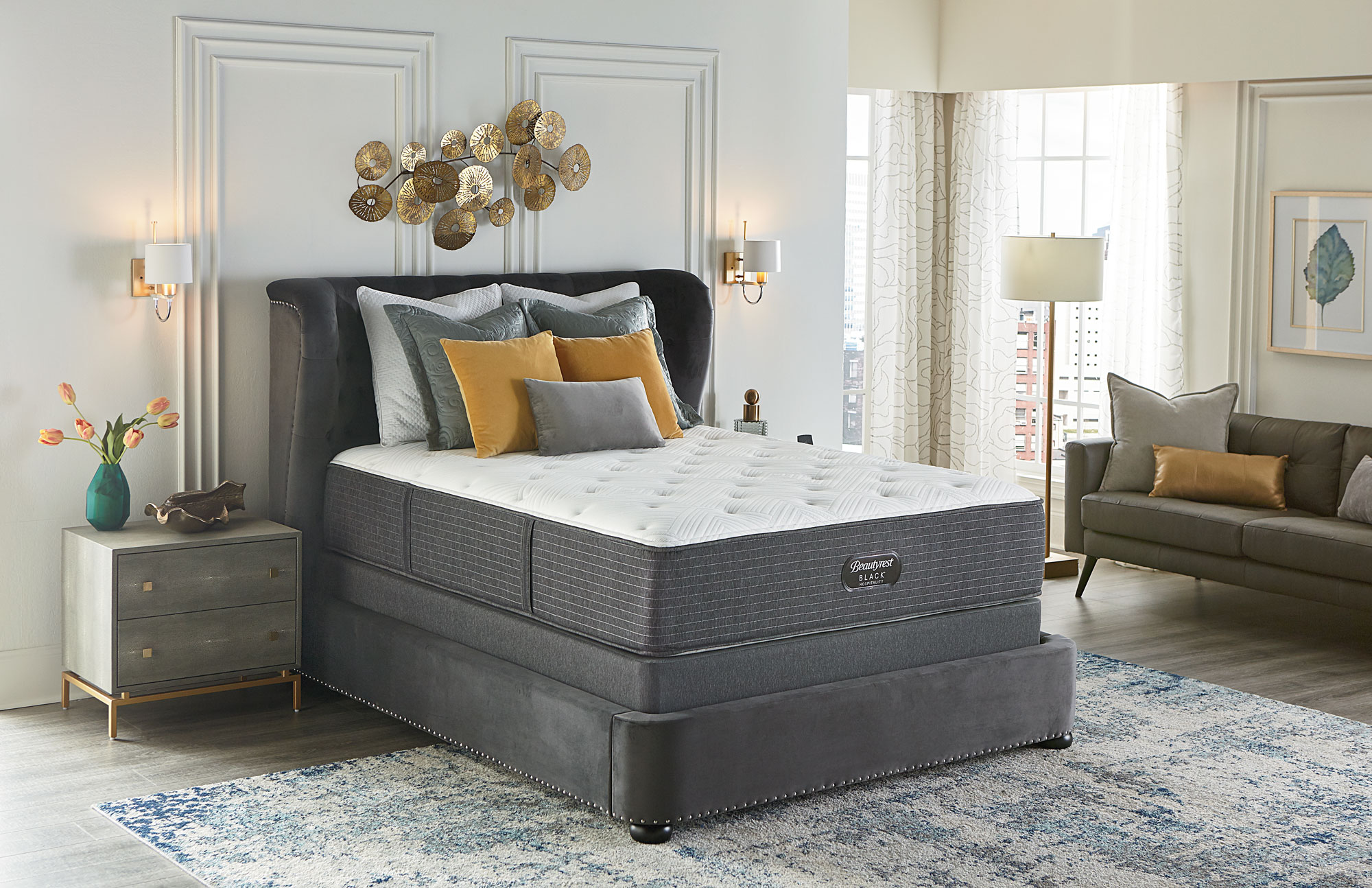 A Beautyrest Hospitality Napa Plush set dressed in a guest room