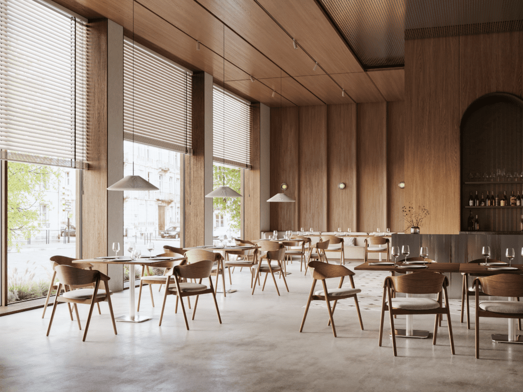 KECA solid-wood dining chairs in a restaurant interior