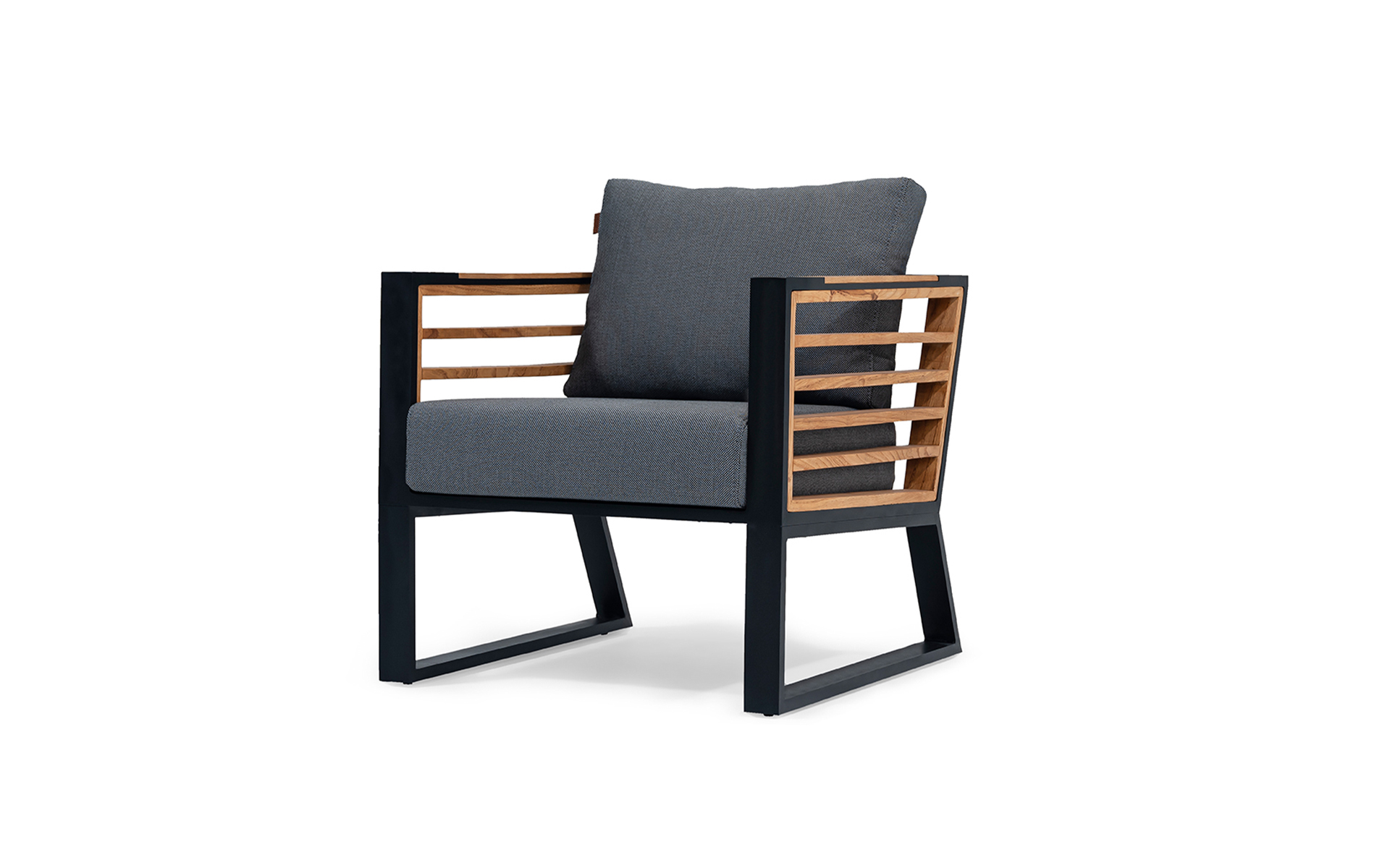 Coco outdoor lounge chair, dark frame with wood slats and deep cushions