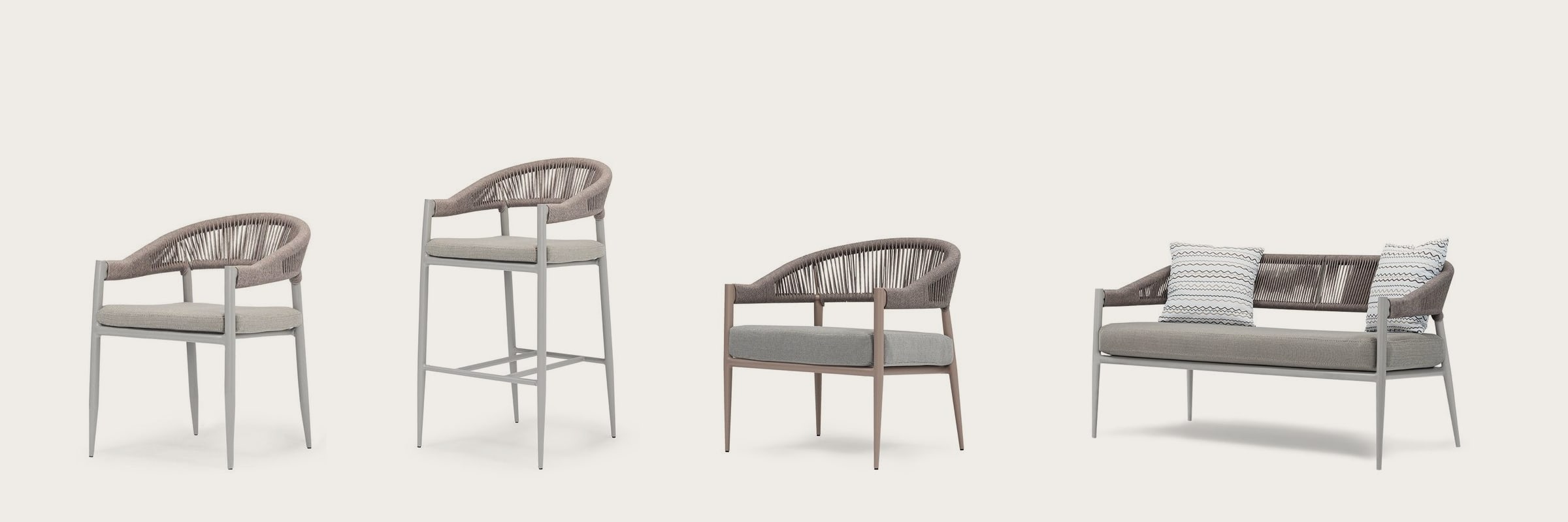 The Akdeniz collection: dining chair, bar stool, lounge chair and two-seat sofa
