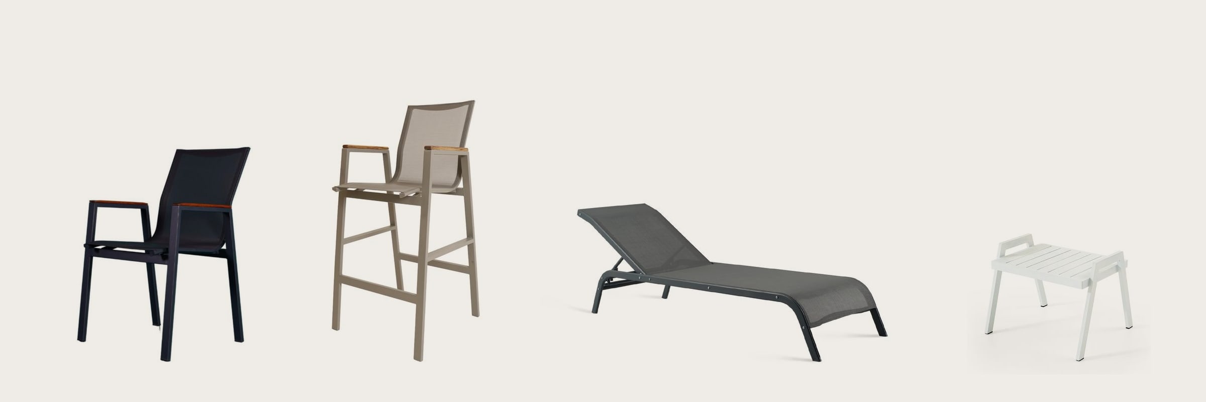 The Daisy collection: sling armchair, bar stool, sun lounger and side table